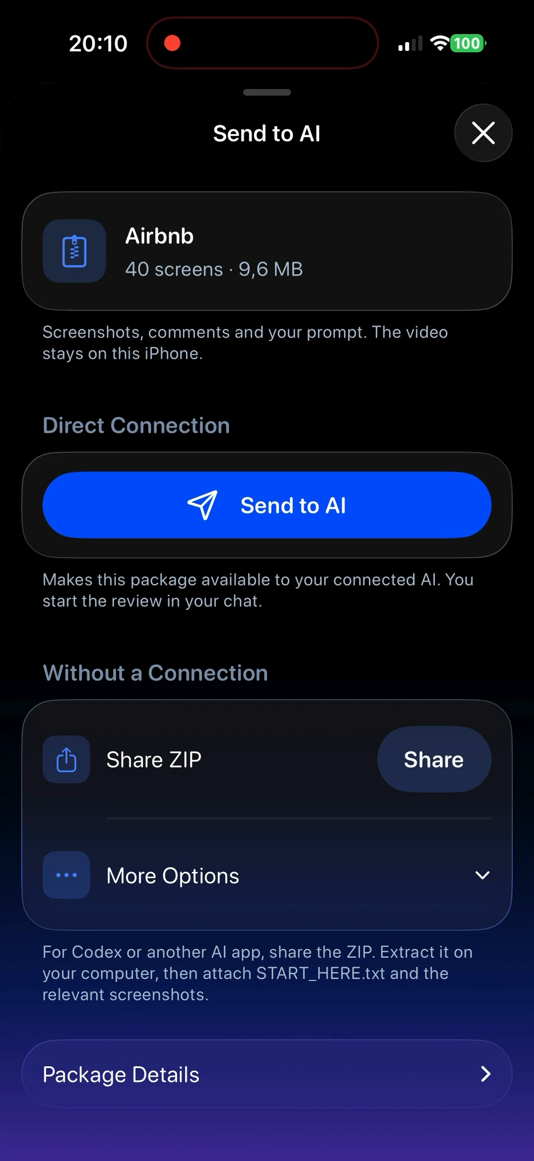 Sending selected screens and comments from Flow Capture for an AI review.