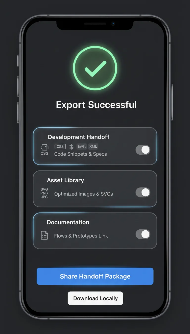 Export successful screen with handoff package options